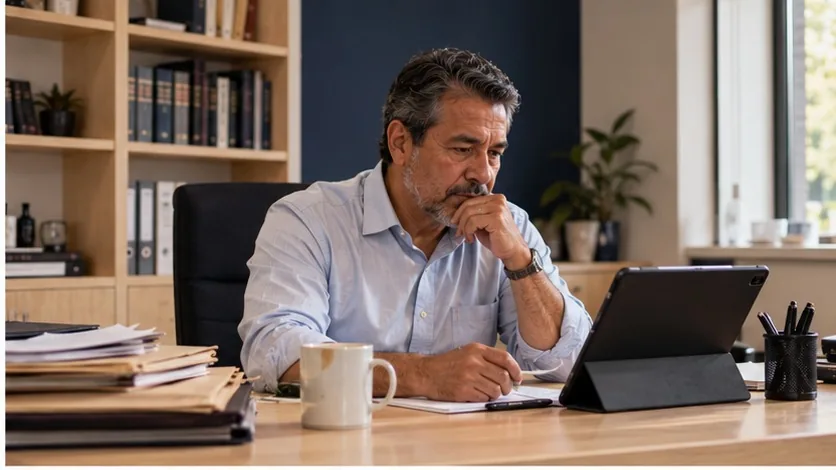 Abogado revisando su agenda y expedientes en una tableta, en su oficina