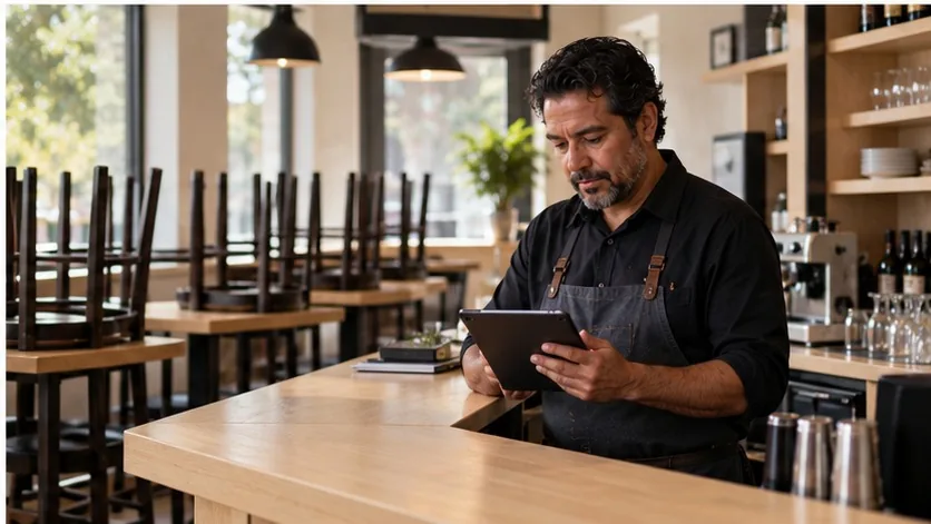 Dueño de restaurante revisando reservas en una tableta antes de abrir