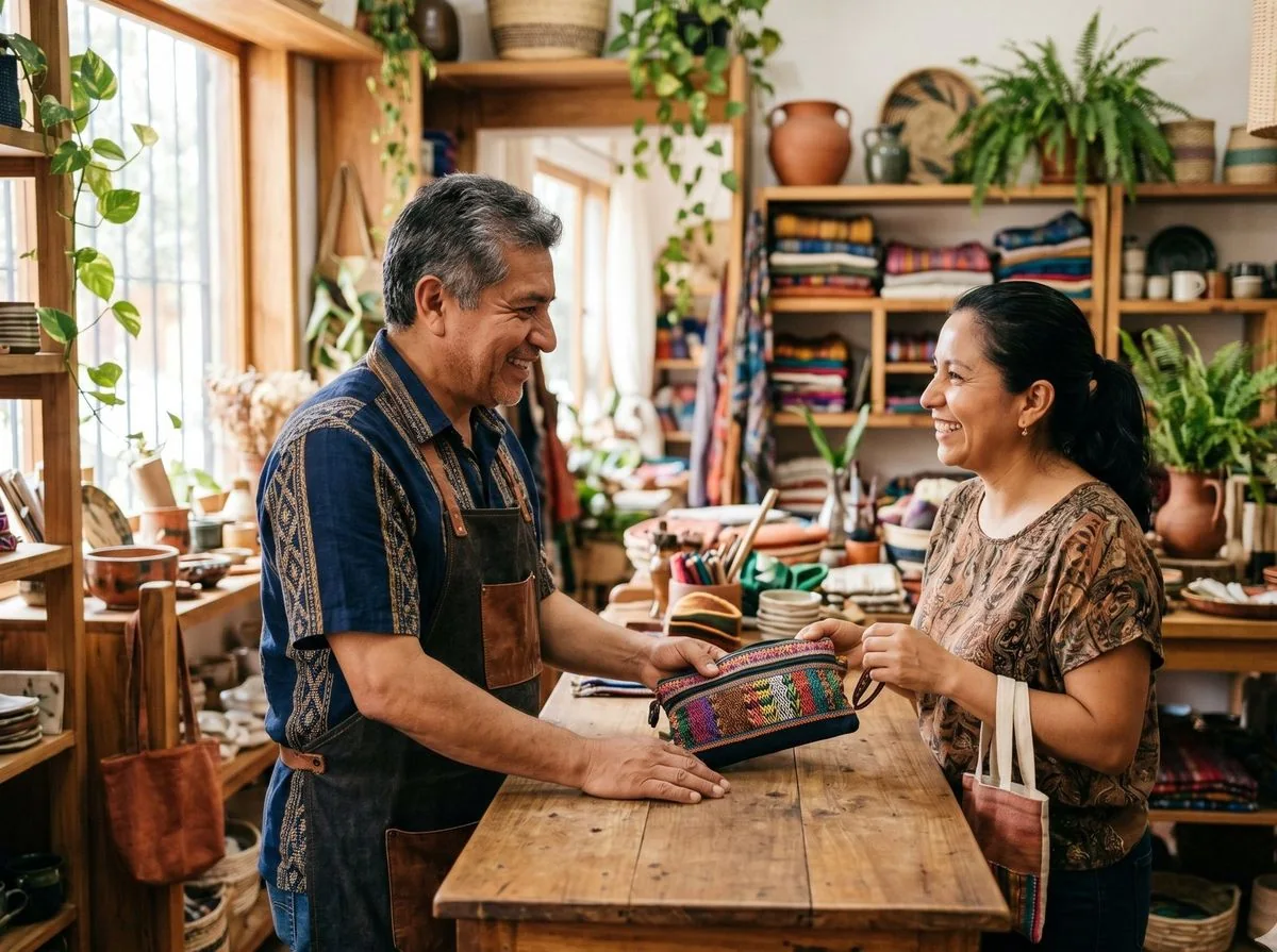 Empresario latino atendiendo a una clienta en su negocio